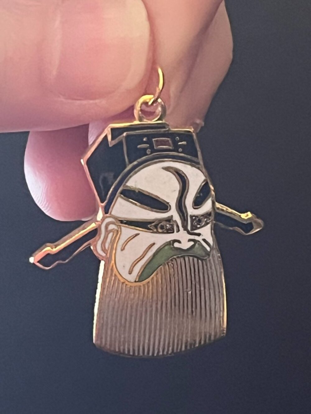 🎭Rare Vintage Enamel & Brass Chinese Opera Mask Pendant Set – Orig Brocade Box - Picture 12 of 16